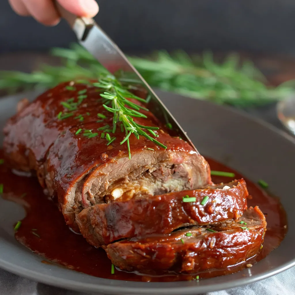 Ein Stück Fleisch auf einem Teller, das mit Sauce bedeckt ist.