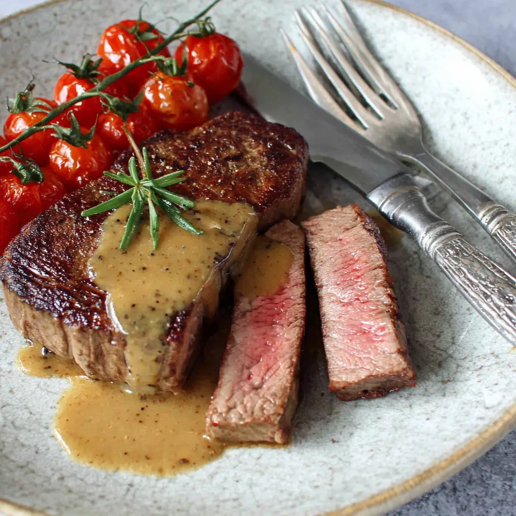 Eine Platte mit Steak, Tomaten und Basilikum.