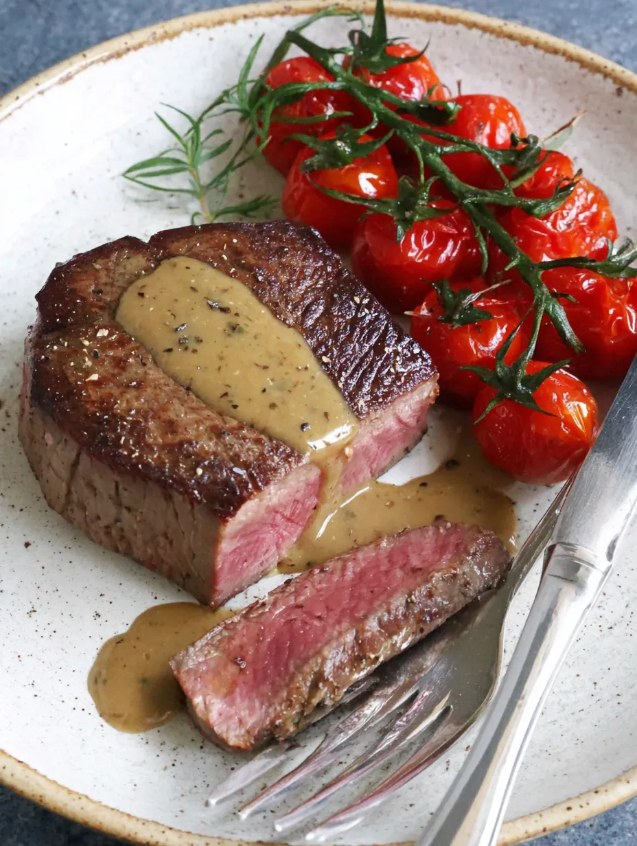 Eine Tafel mit Steak, Tomaten und Kräutern.