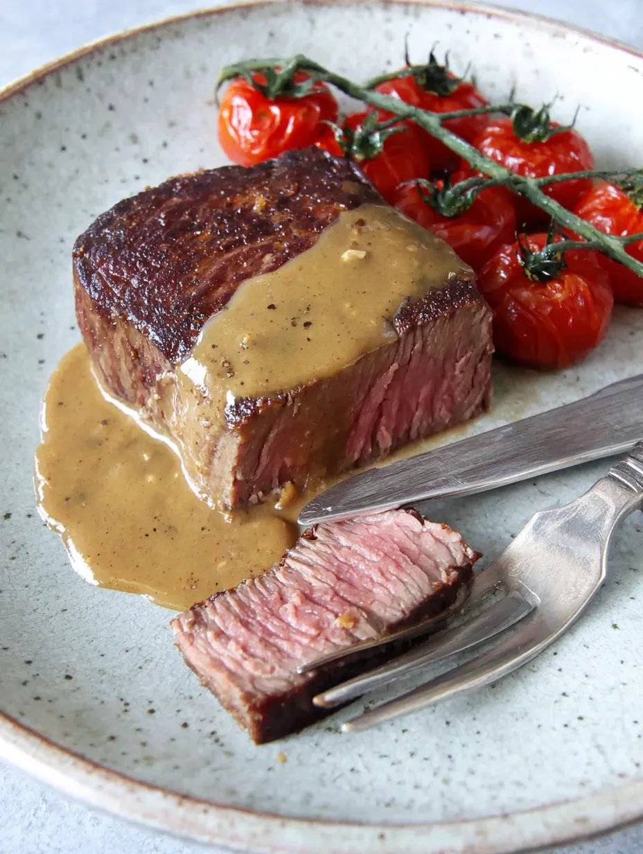 Eine prägnante Bildbeschreibung auf Deutsch lautet: "Ein Stück Rindfleisch mit Sauce auf einem Teller, daneben Tomaten und eine Garnitur aus Tomaten und Basilikum.