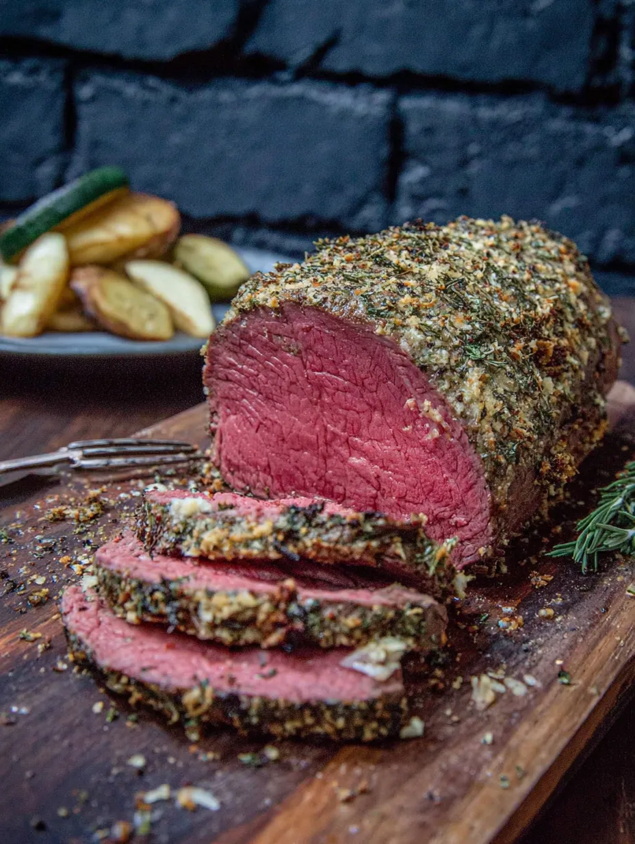 Ein gro&szlig;es St&uuml;ck Rindfleisch auf einem Tisch, das in St&uuml;cke geschnitten wurde.