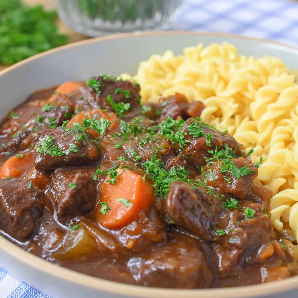 Ein weißer Teller mit einer Mischung aus Fleisch, Kartoffeln, Zwiebeln und Pasta.