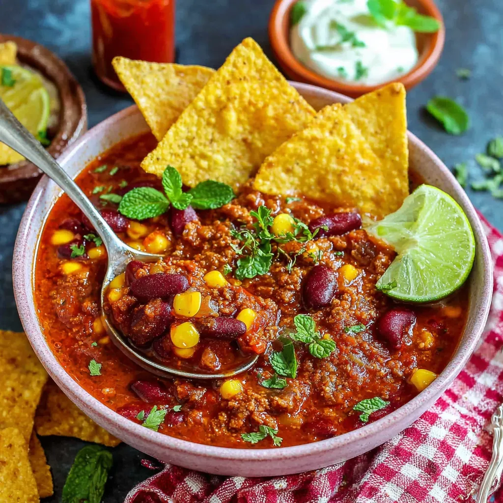 Ein Schälchen mit Chili und Tortillachips auf einem Tisch.