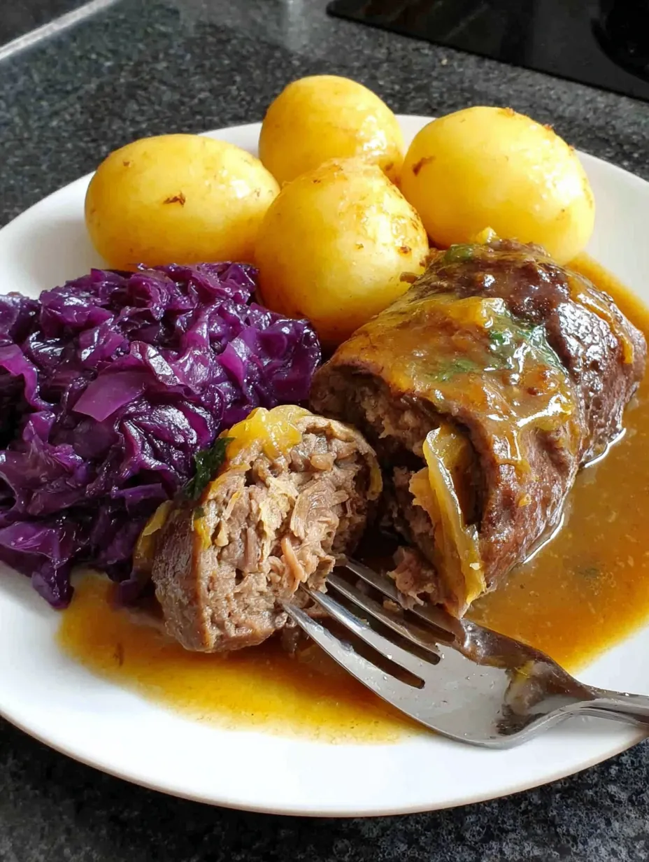 Ein weißer Teller mit einer Wurst, die in einem Bündel liegt, und einer Sauce darüber.