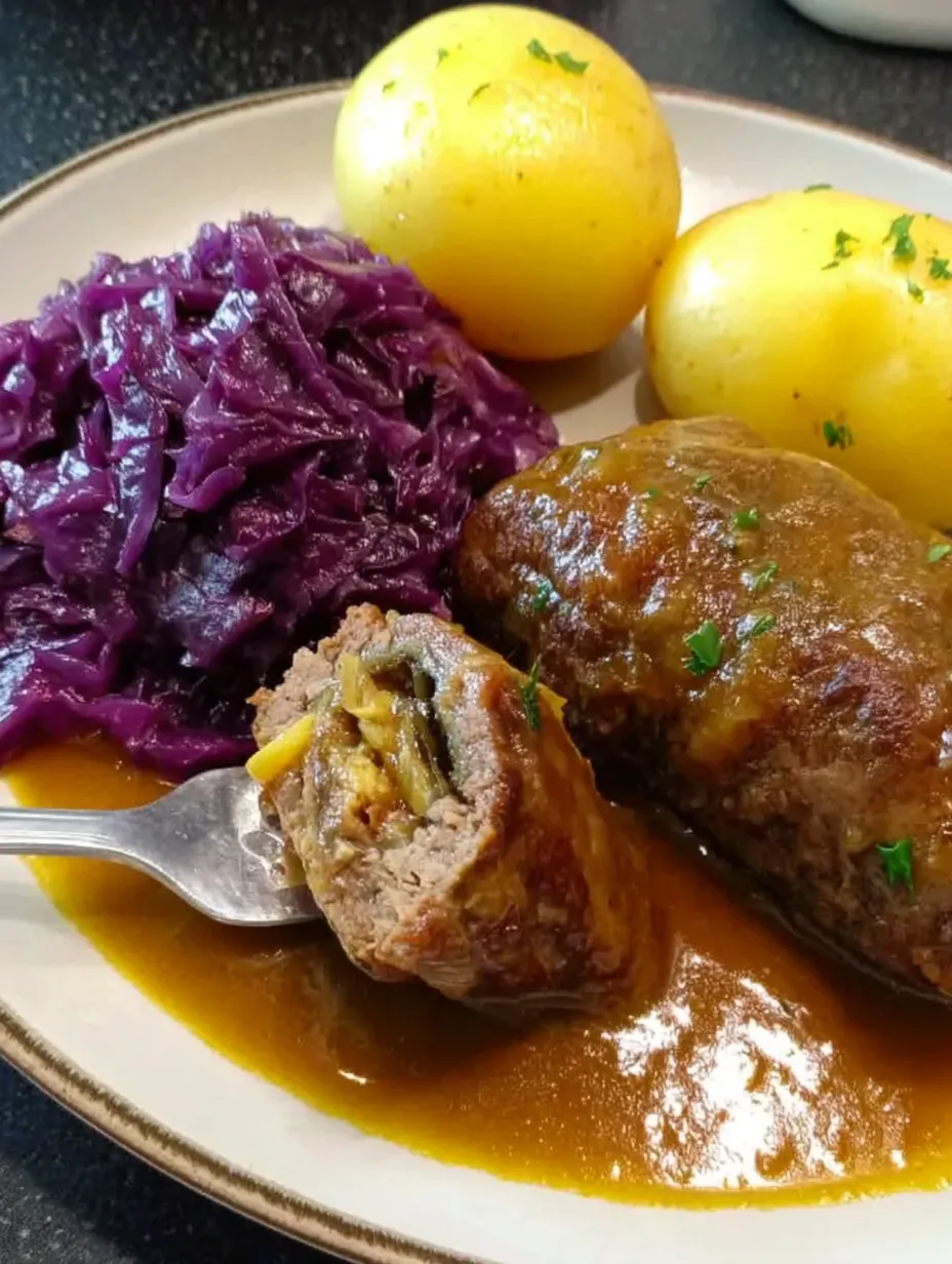 Eine Platte mit gegrilltem Fleisch, Kartoffeln und Blaukraut.