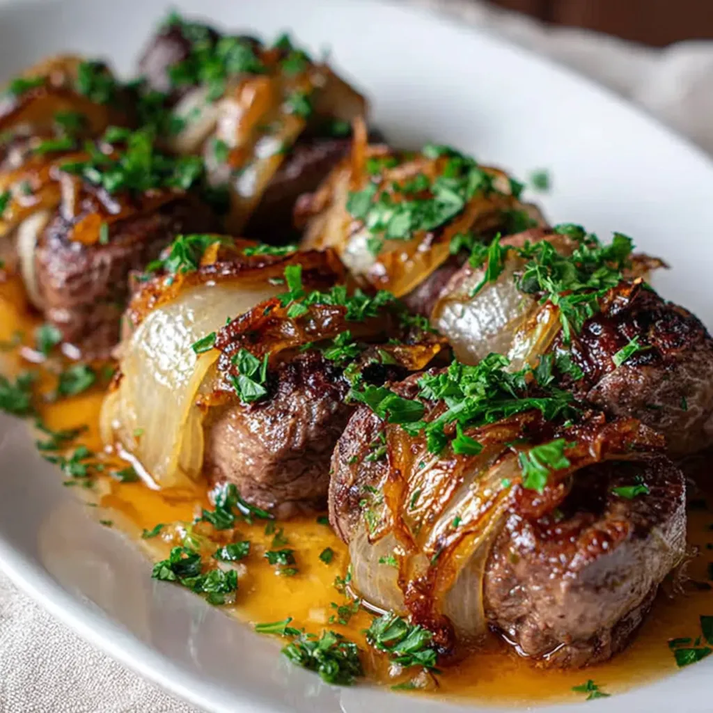 Eine Platte mit gegrillten Steaks, die mit Zwiebeln und Knoblauch garniert sind.