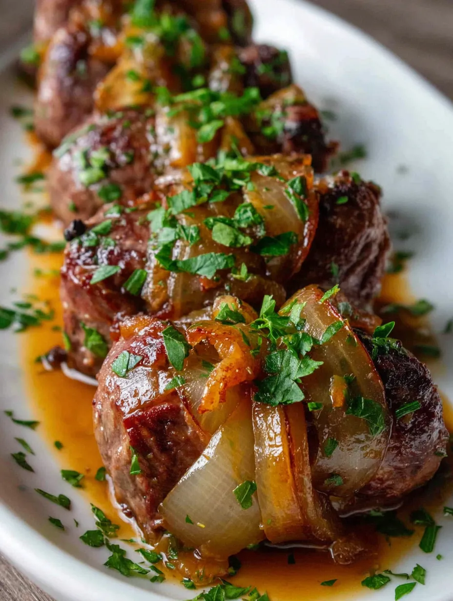 Eine Platte mit gegrillten Steaks, die mit Parsley und Zwiebeln garniert sind.