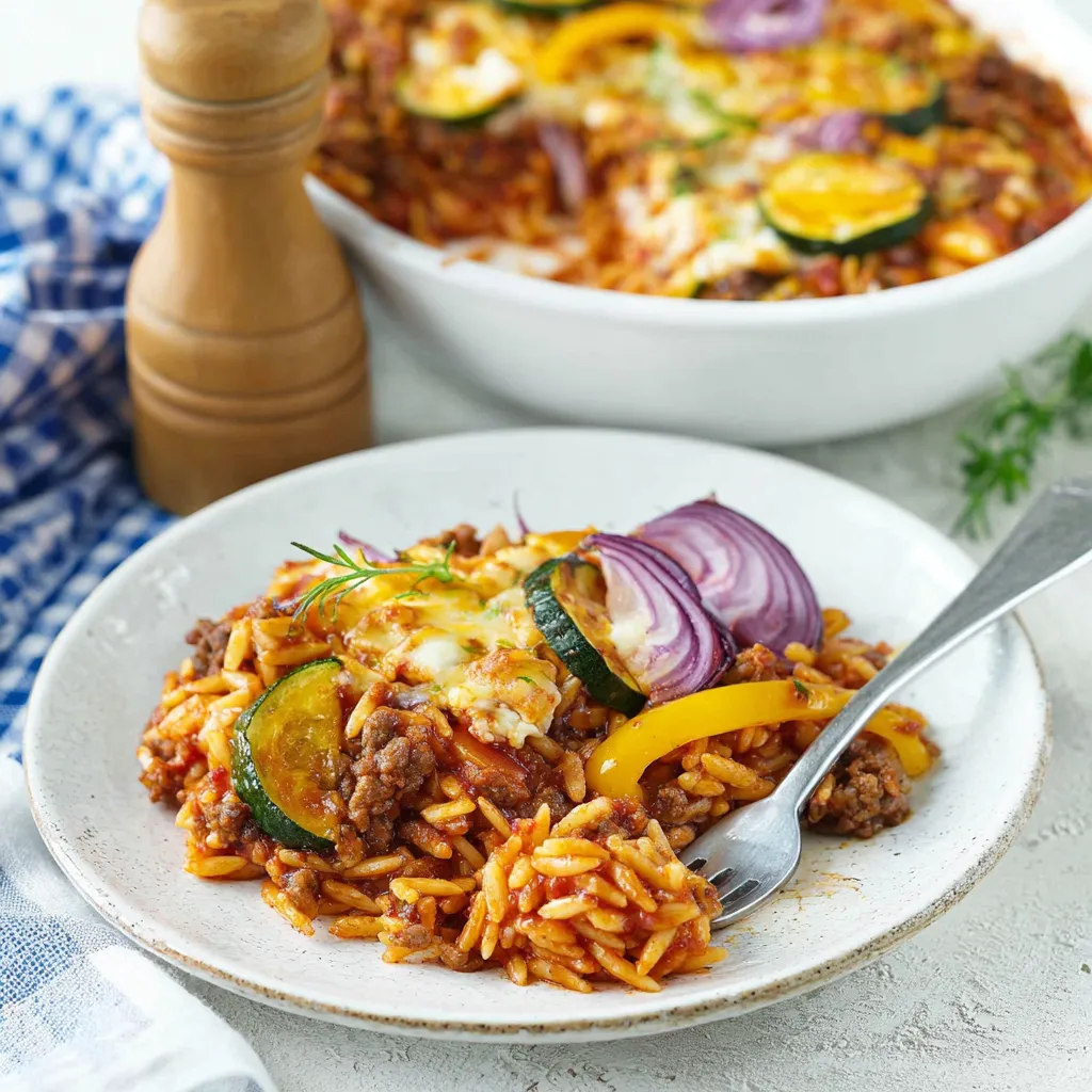 Ein Plate mit einer Mischung aus Pasta, Zucchini, Onion und Zwiebeln.