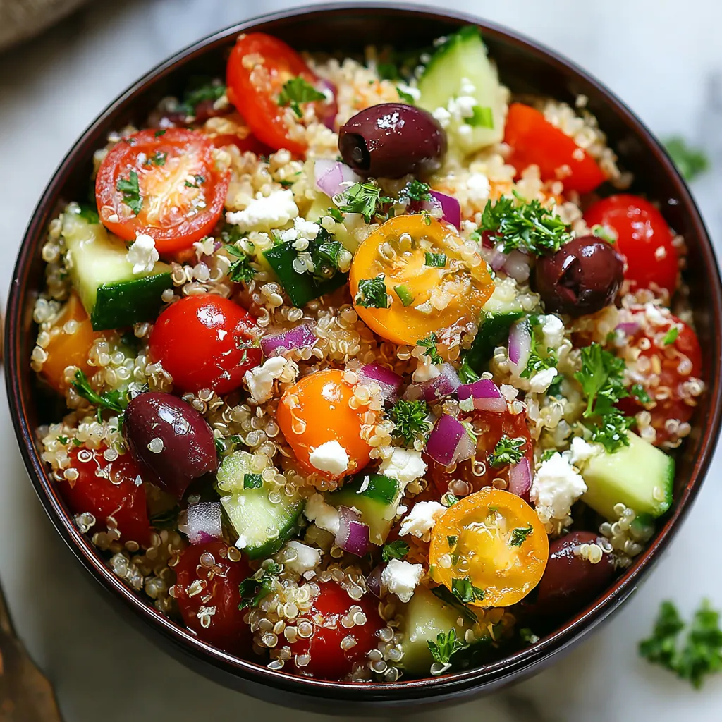 Ein Becher mit einer Mischung aus Tomaten, Zucchini, Oliven, Koriander und Quinoa.