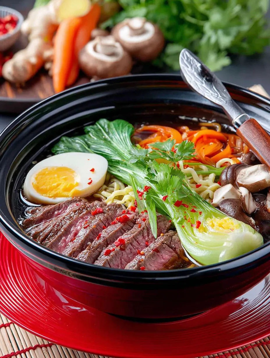 Ein BOWL mit Ramen, Ei, Zwiebeln und Karotten.