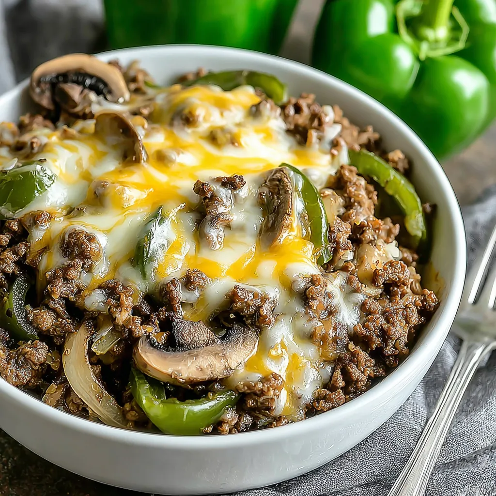A bowl of food with mushrooms and peppers.