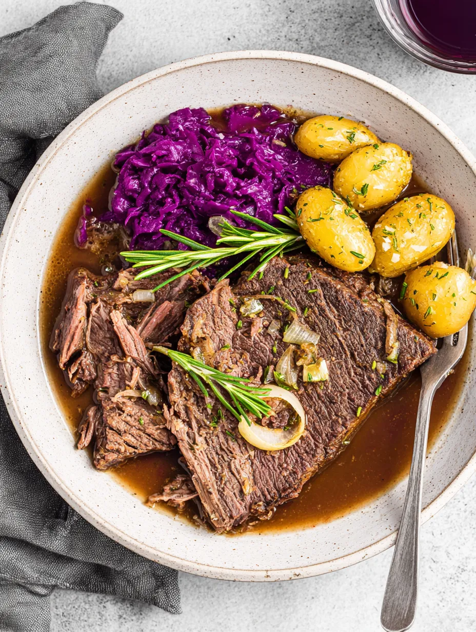 Ein Schüssel mit Beefsteak, Kartoffeln, Sauerkraut und Zwiebeln.