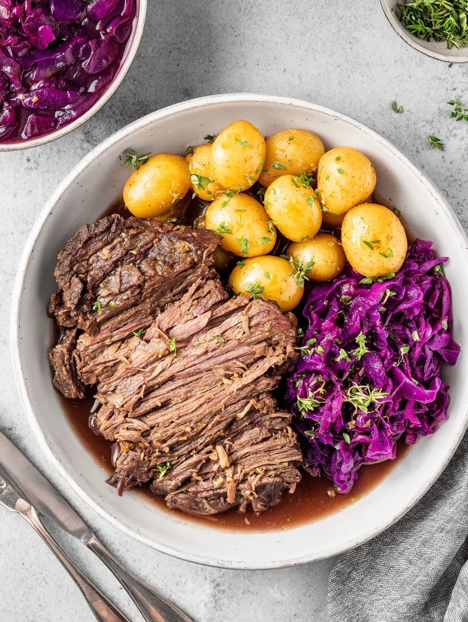 Ein Schüssel mit Beefsteak, Kartoffeln, Sauerkraut und einer Sauce.