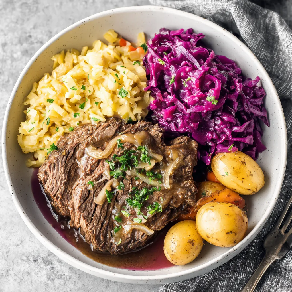 Ein weißer Teller mit Beefsteak, Kartoffeln, Sauerkraut und einer Garnitur aus Zwiebeln und Knoblauch.