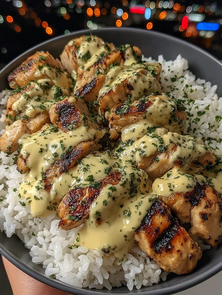 Ein Bild von Rindfleisch in einer Schüssel, das mit Sauce und Zwiebeln garniert ist.
