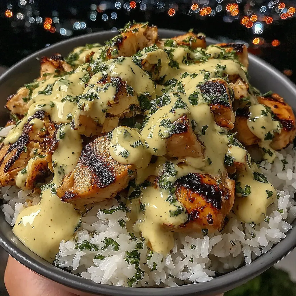 Ein Bild von einer Schüssel mit Rice und Chicken.