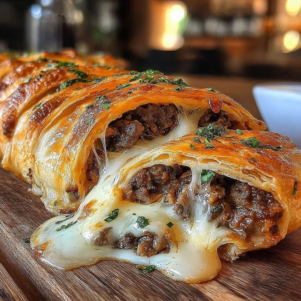 Ein Stück Käse-Rindfleisch-Pasta auf einem Holzbrett.