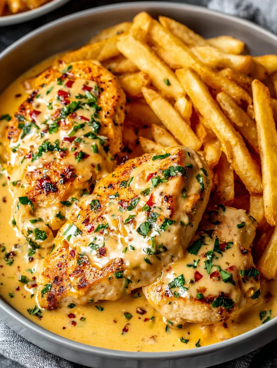 Ein Bild von Chicken mit Sauce und Fries.