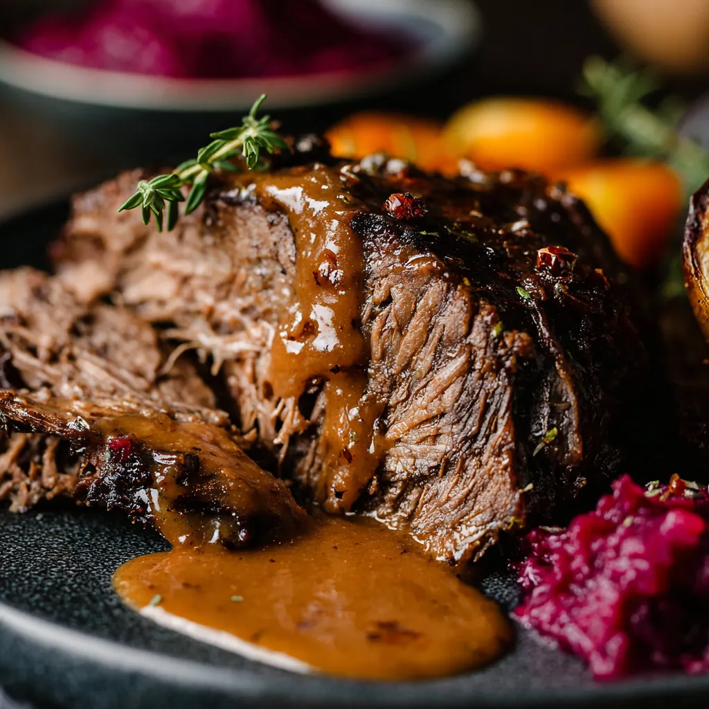 Eine Tafel mit einer Portion Rindfleisch, das mit Sauce bedeckt ist.