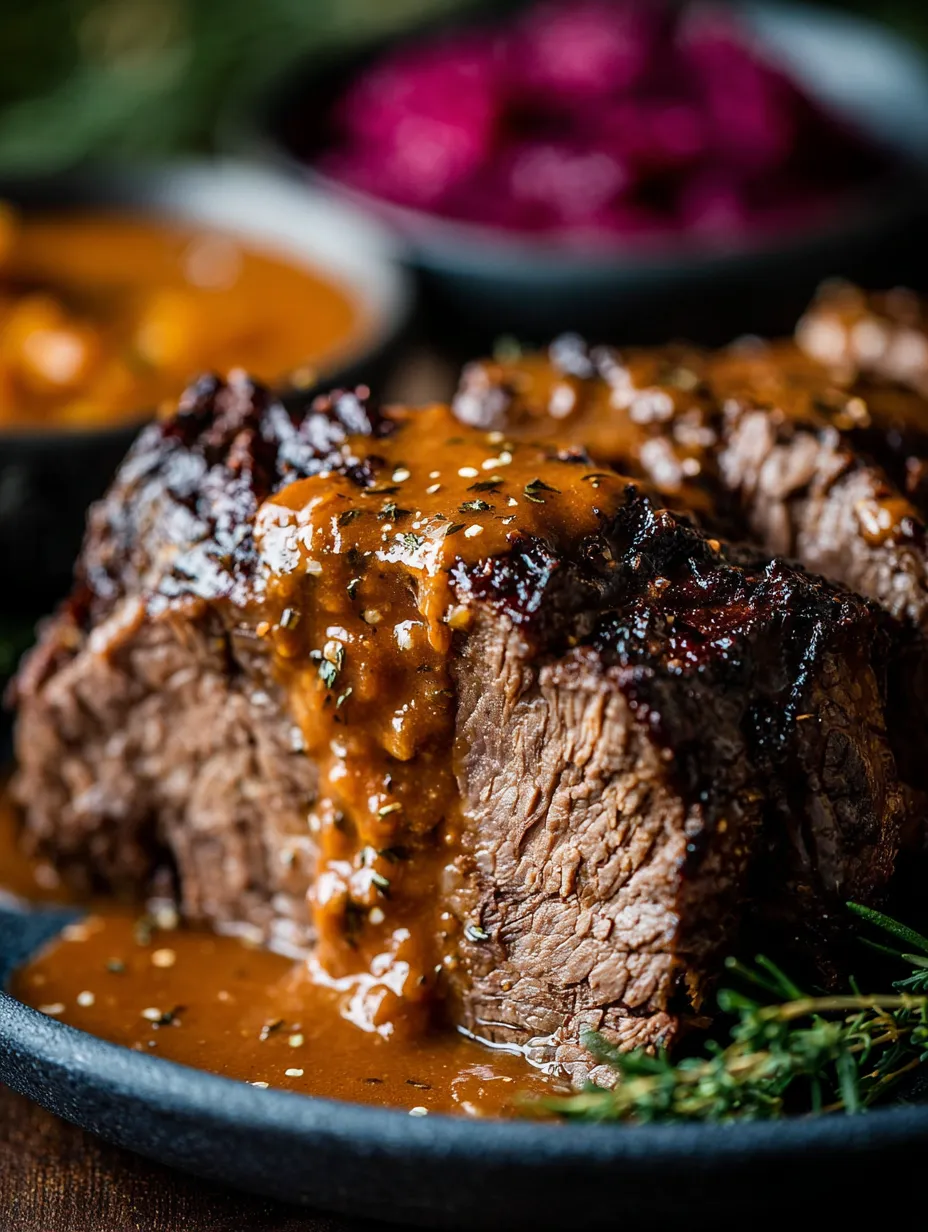 Eine prägnante Bildbeschreibung auf Deutsch lautet: "Ein Stück Rindfleisch mit Sauce auf einem Teller.