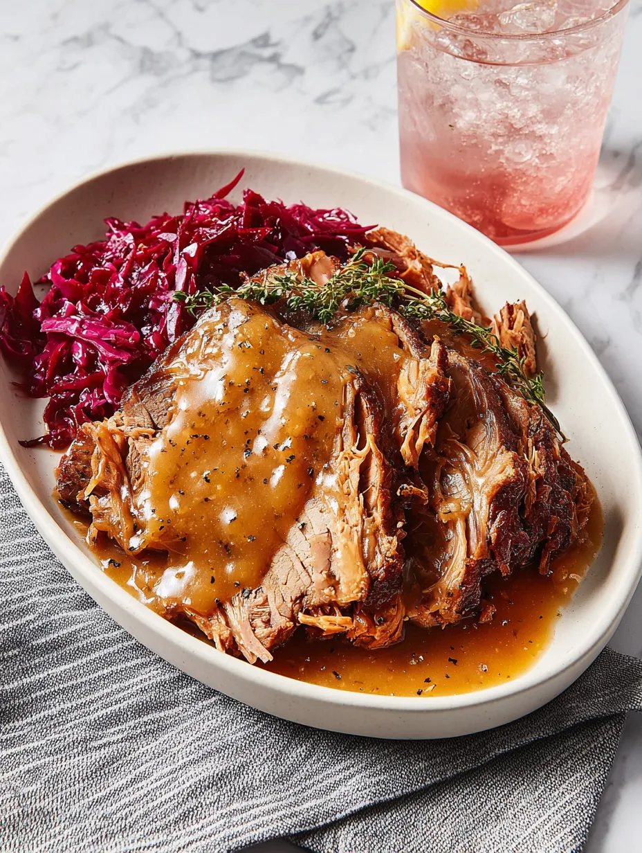 Ein wei&szlig;er Teller mit rotem Kohl, Sauce und Fleisch.