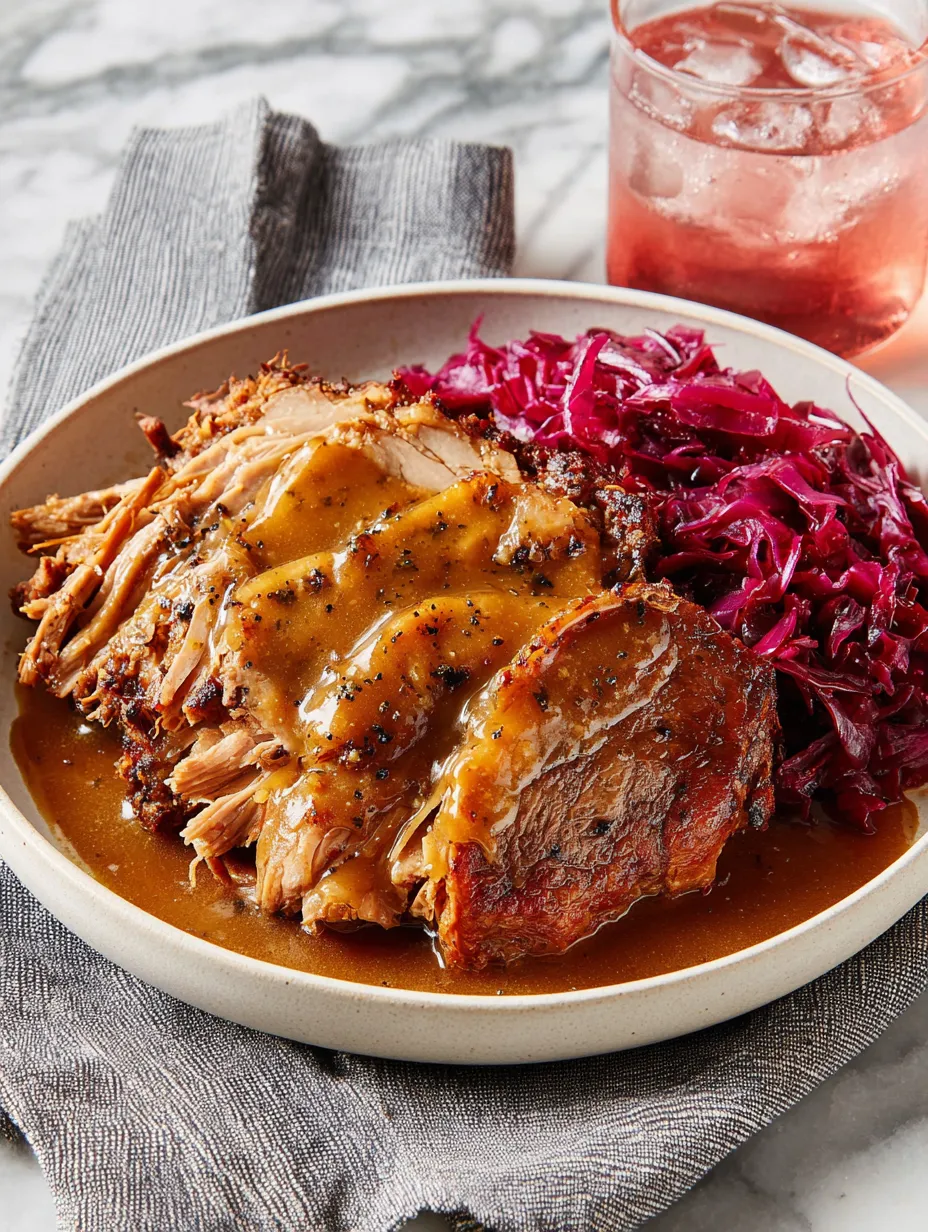 Ein Schmorbraten mit Sauce auf einem Teller.