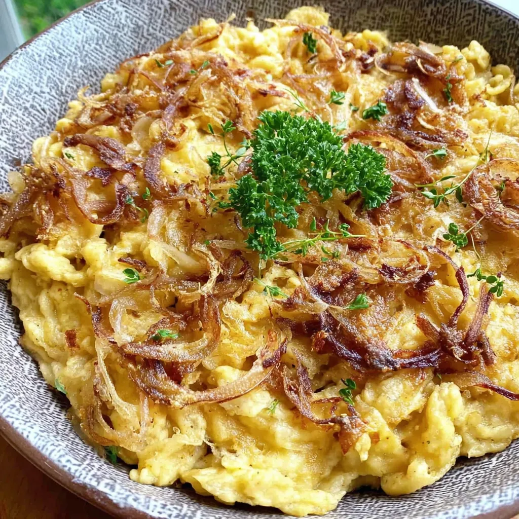Ein großer Topf mit einer Mischung aus Kartoffeln, Zwiebeln und Käse.