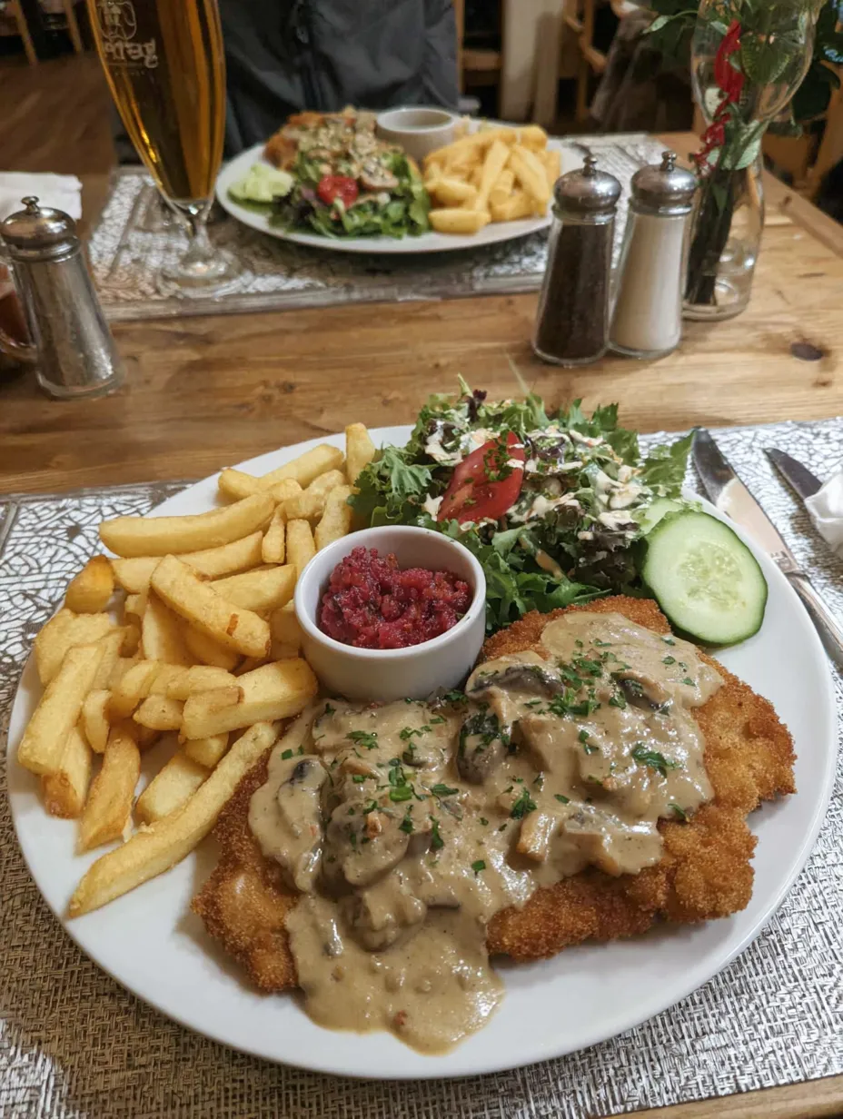 Ein Plate mit Frites, Salat, Käse und Sauce auf einem Tisch.