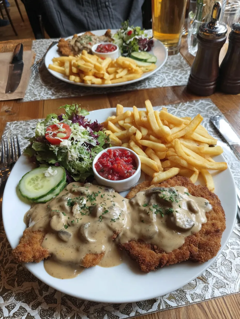 Ein weißer Teller mit gegrilltem Fleisch, Fritten, Salat und Sauce.