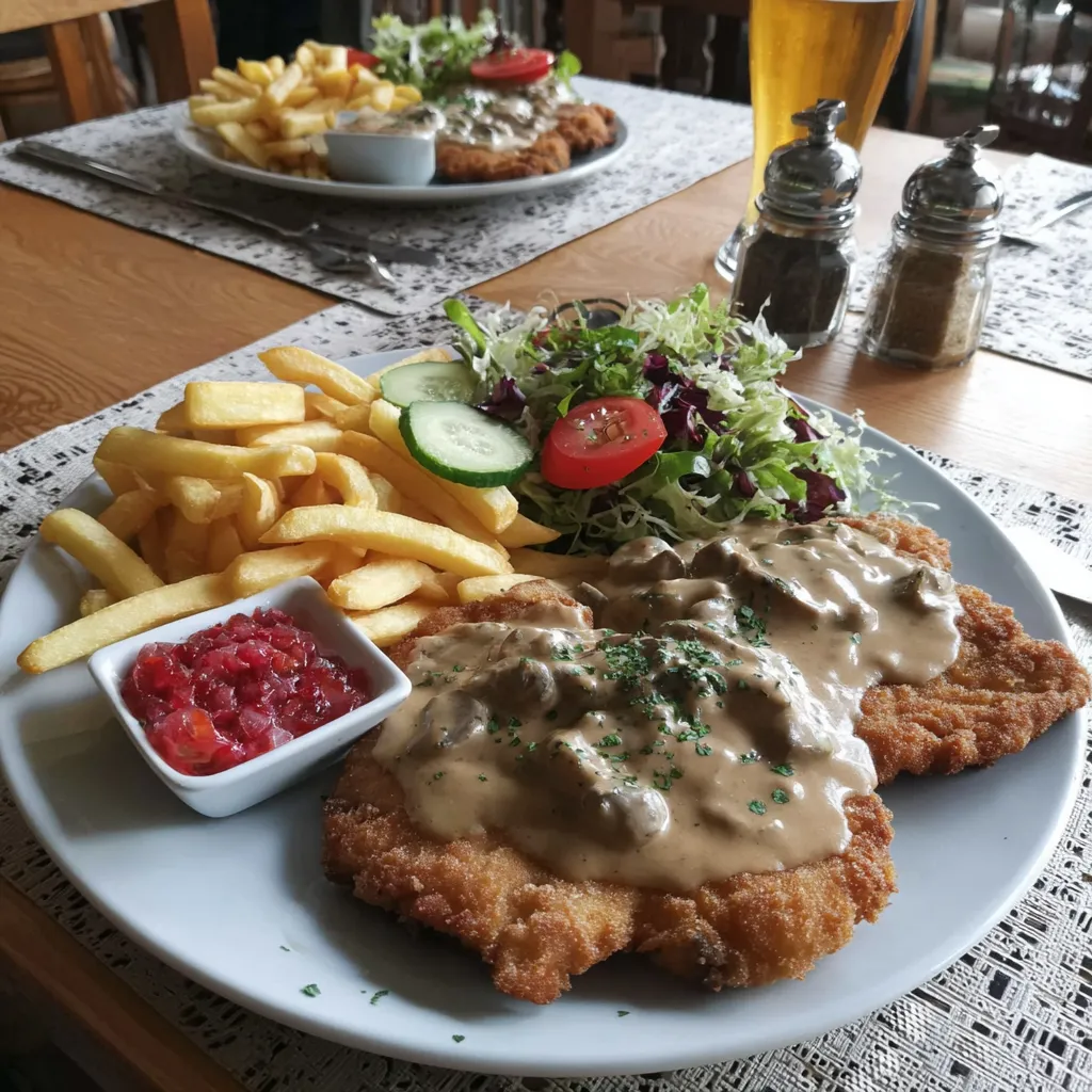 Ein Plate mit Frites, Salat und Fleisch.