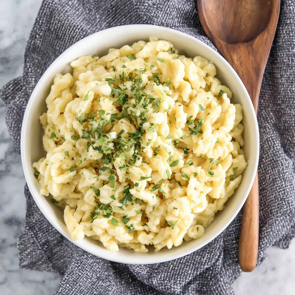 Ein weißer Teller mit macaroni und grüner Zwiebel.