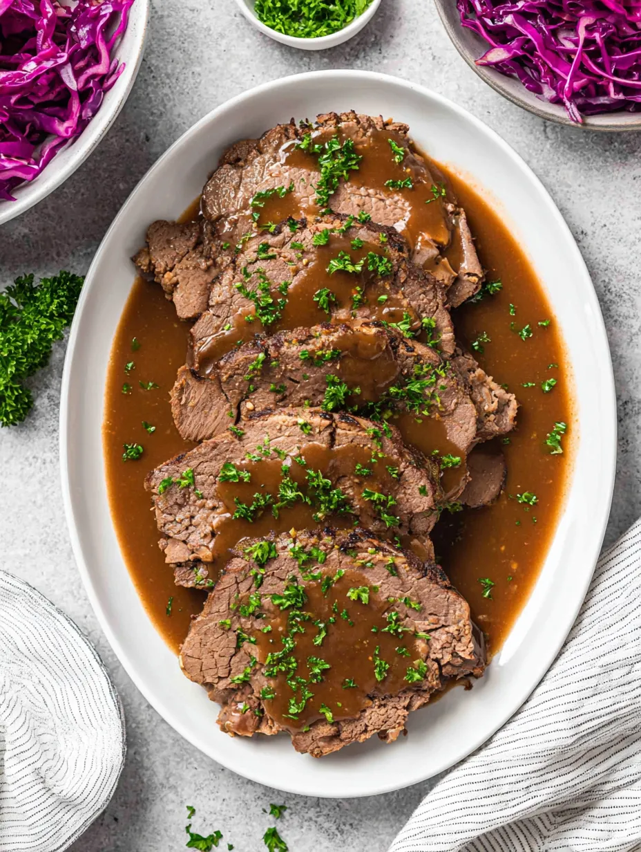Ein weißer Teller mit gravy bedeckt, auf dem sich mehrere Stücke von rohem Fleisch befinden.