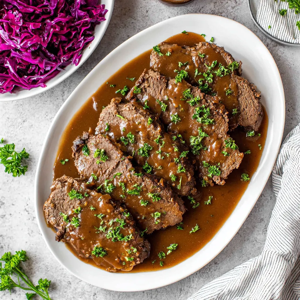 Ein weißer Teller mit gravy bedeckt, auf dem sich mehrere Stücke von Steak mit Sauce befinden.