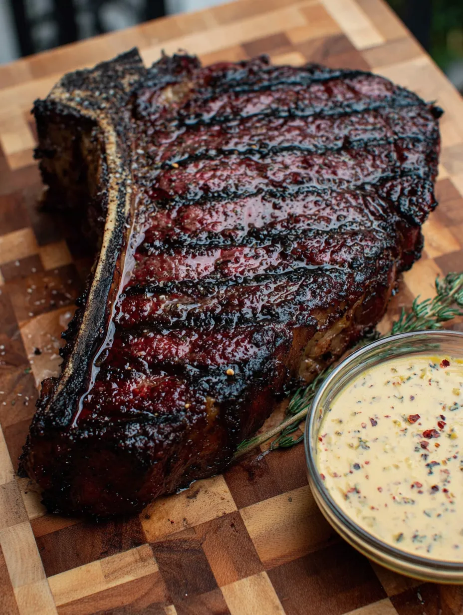 Eine große rote Steak auf einem Holzblock.