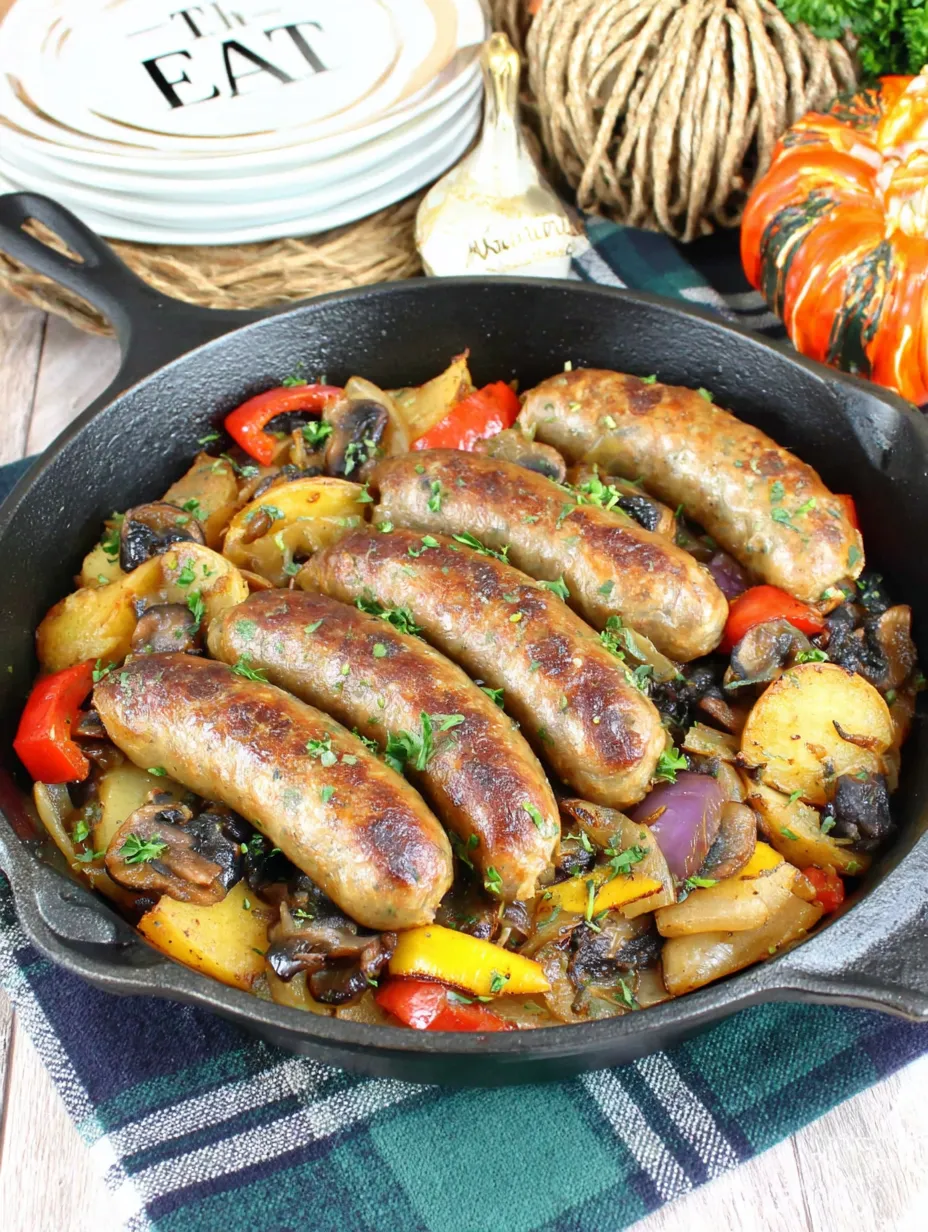 Ein Schmelztopf mit saurem Essen, darunter Sausage, Paprika, Zwiebeln und Tomaten.