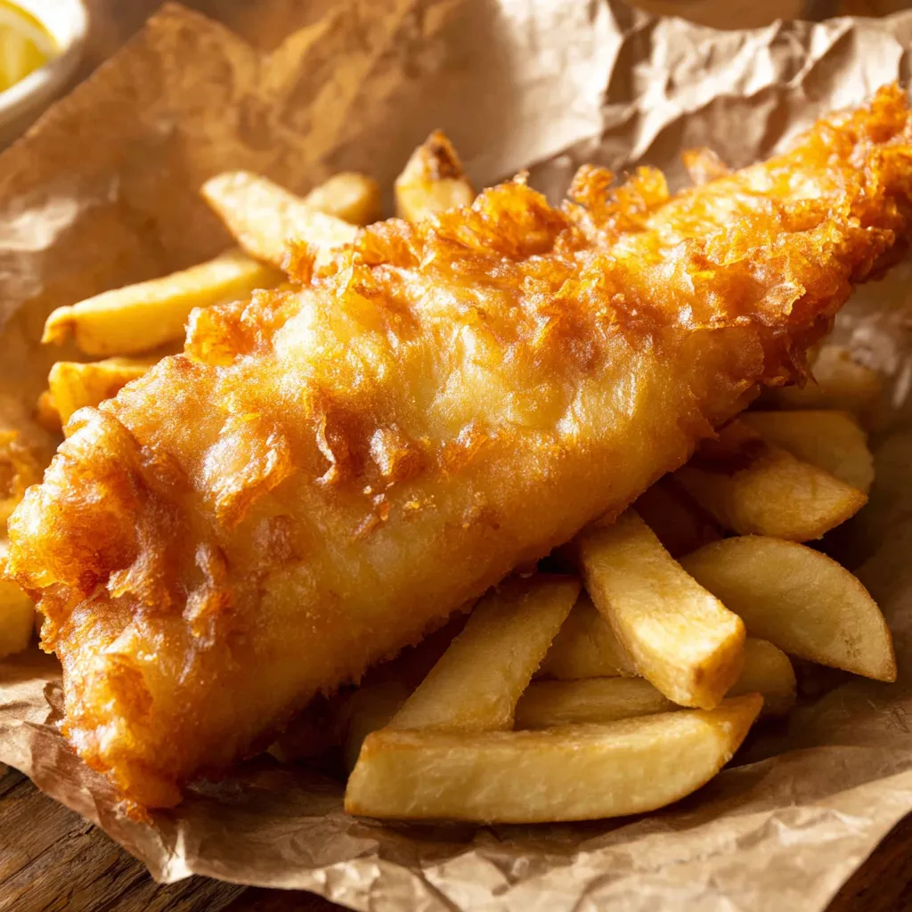 Ein Portion Frites mit einem Stück Fisch auf einem Papiere.