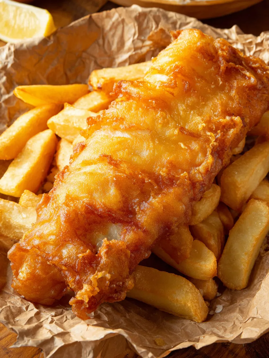 Ein Fischstück mit goldenem Fleisch und einer Schicht aus Fett und Käse auf einem Teller.