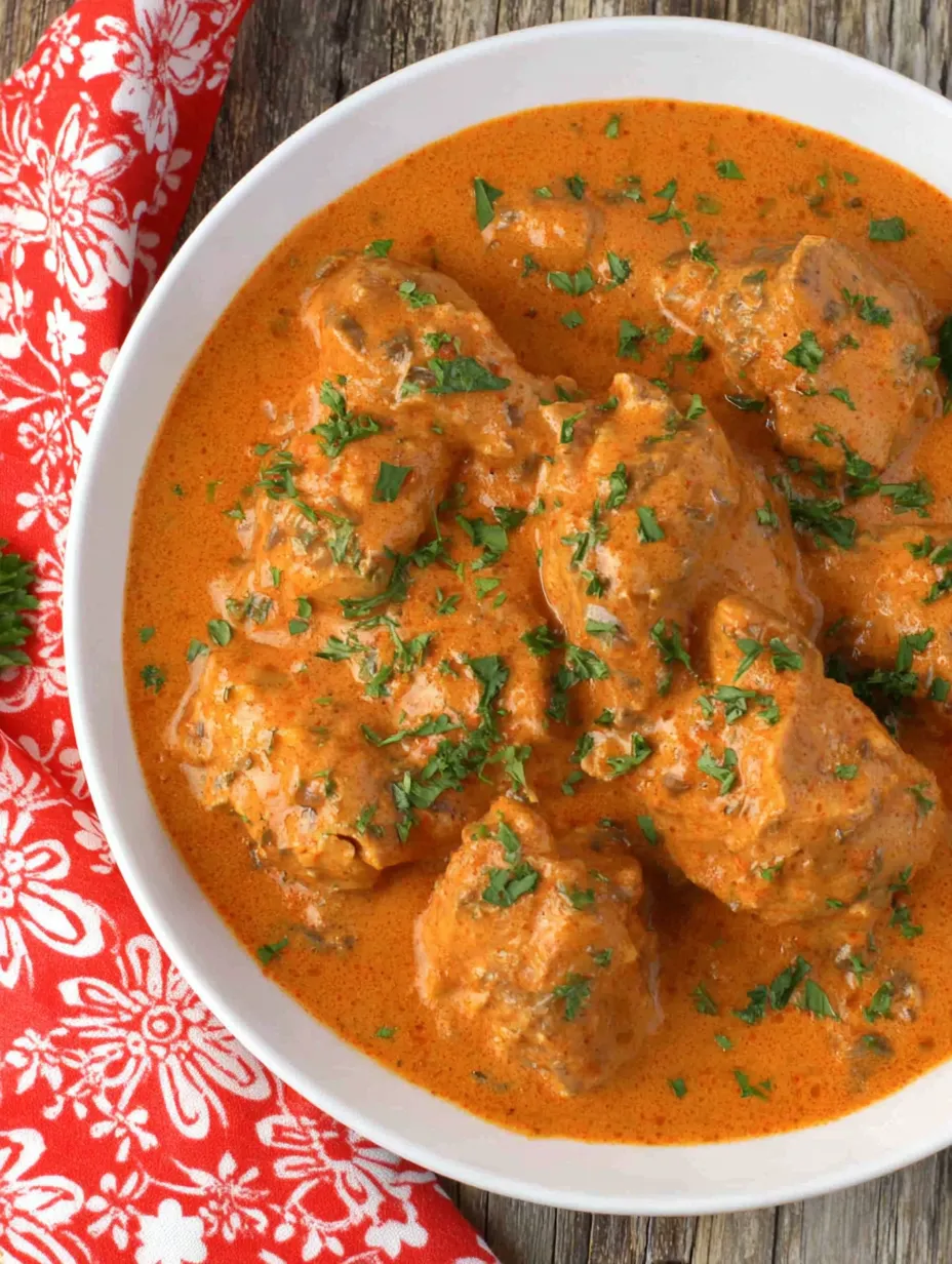 Ein weißer Teller mit einer Mischung aus Curry und Kokosmilch.