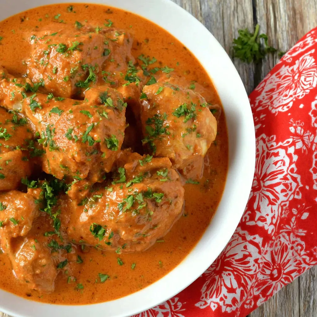 Ein weißer Teller mit einer Mischung aus Curry und Kokosmilch.