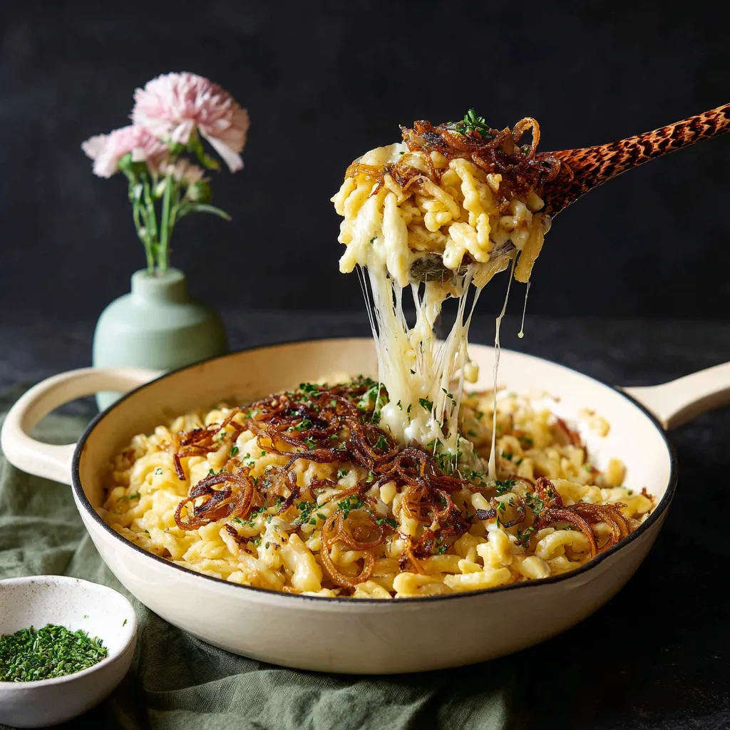 Ein Schmelztopf mit Macaroni und Käse wird auf eine Tasse gegeben.