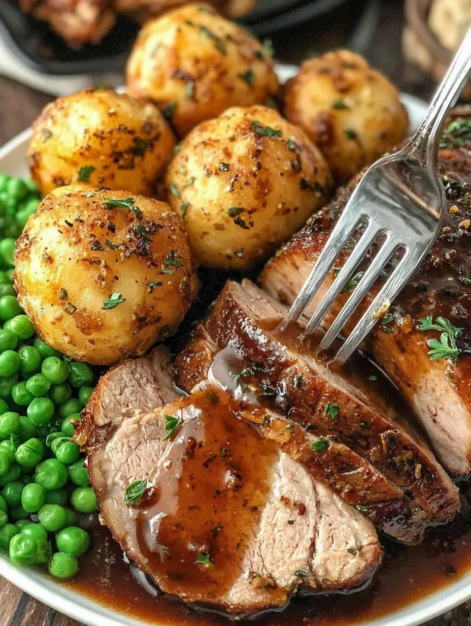Ein gegrilltes Stück Fleisch mit Sauce auf einem Teller, umgeben von Kartoffeln und Peas.