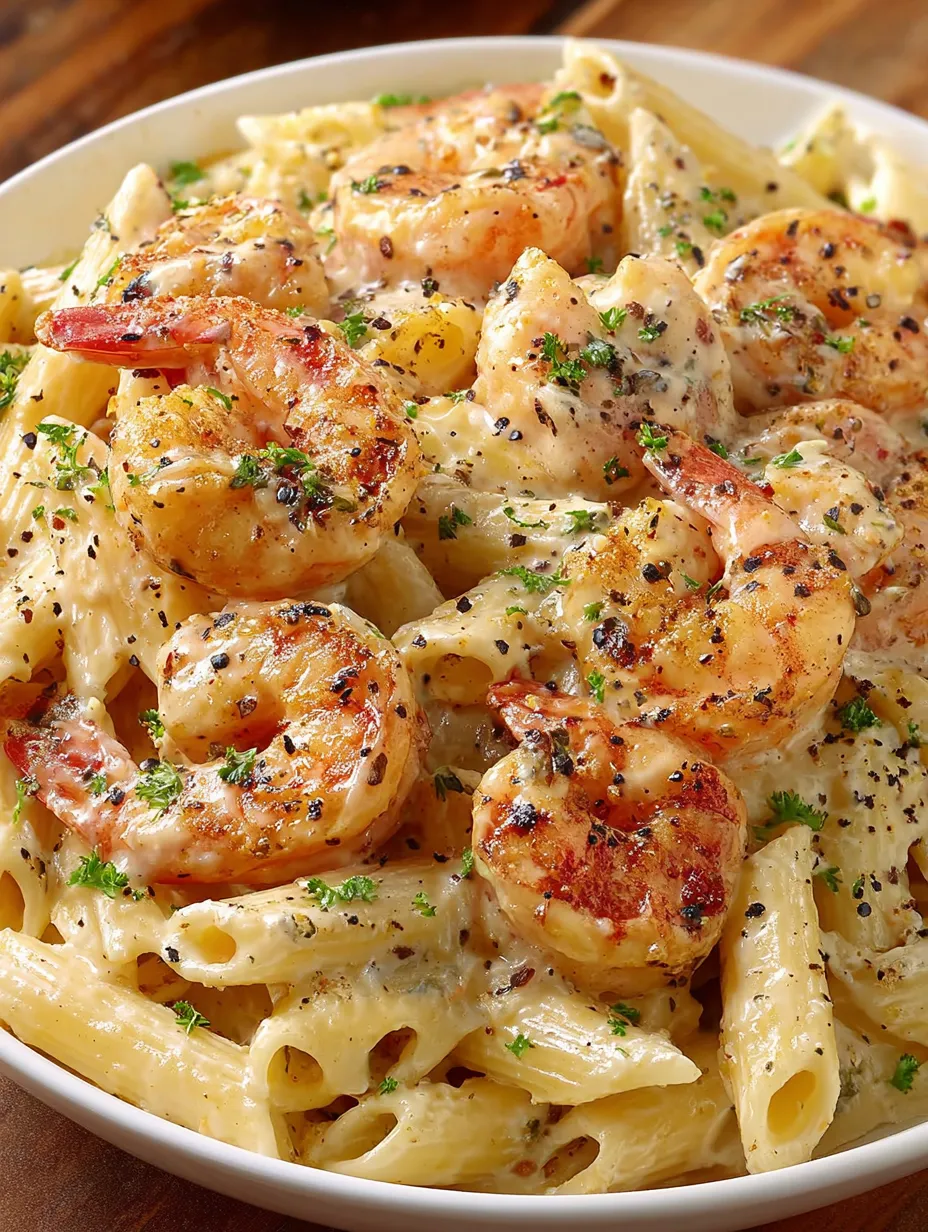Eine Schüssel mit Pasta, Shrimp und Zwiebeln.