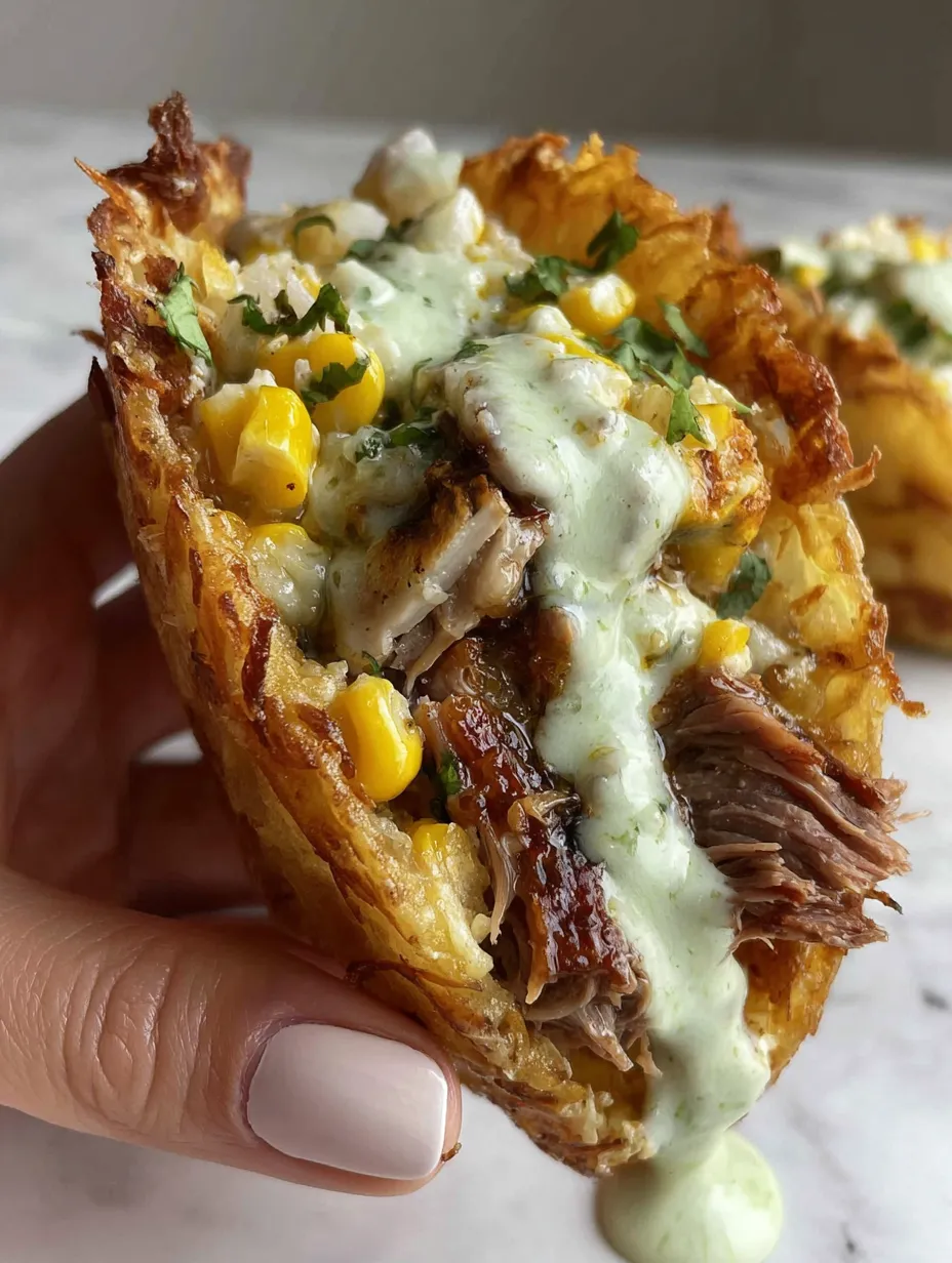 Eine Hand hält ein Sandwich mit Kartoffeln und Käse.