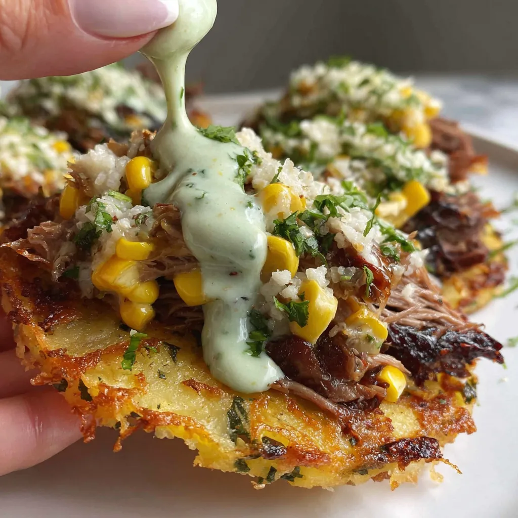 Ein Pizza mit Kartoffeln und Korn auf einem weißen Teller.
