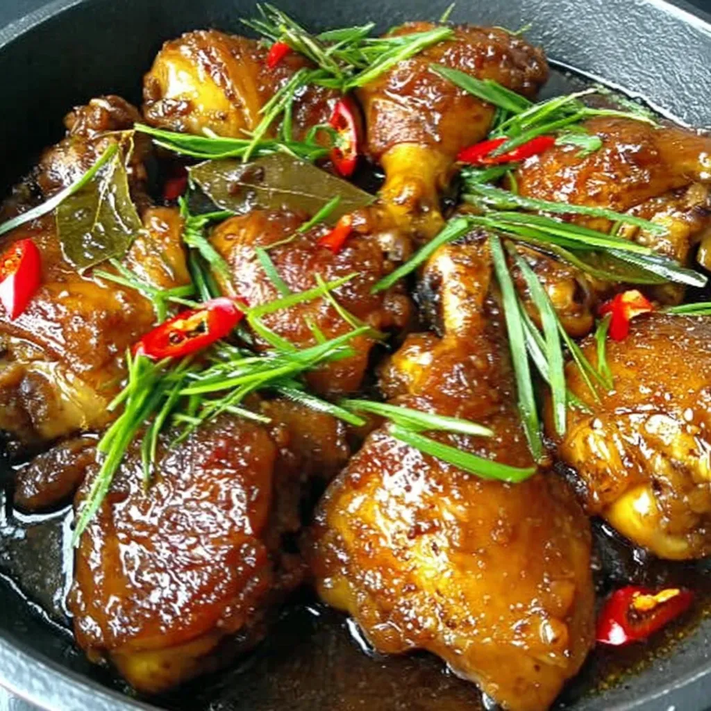 Ein Schalen mit Chicken-Knöcheln, die in einer Soße mit Zwiebeln und Chili gegeben sind.