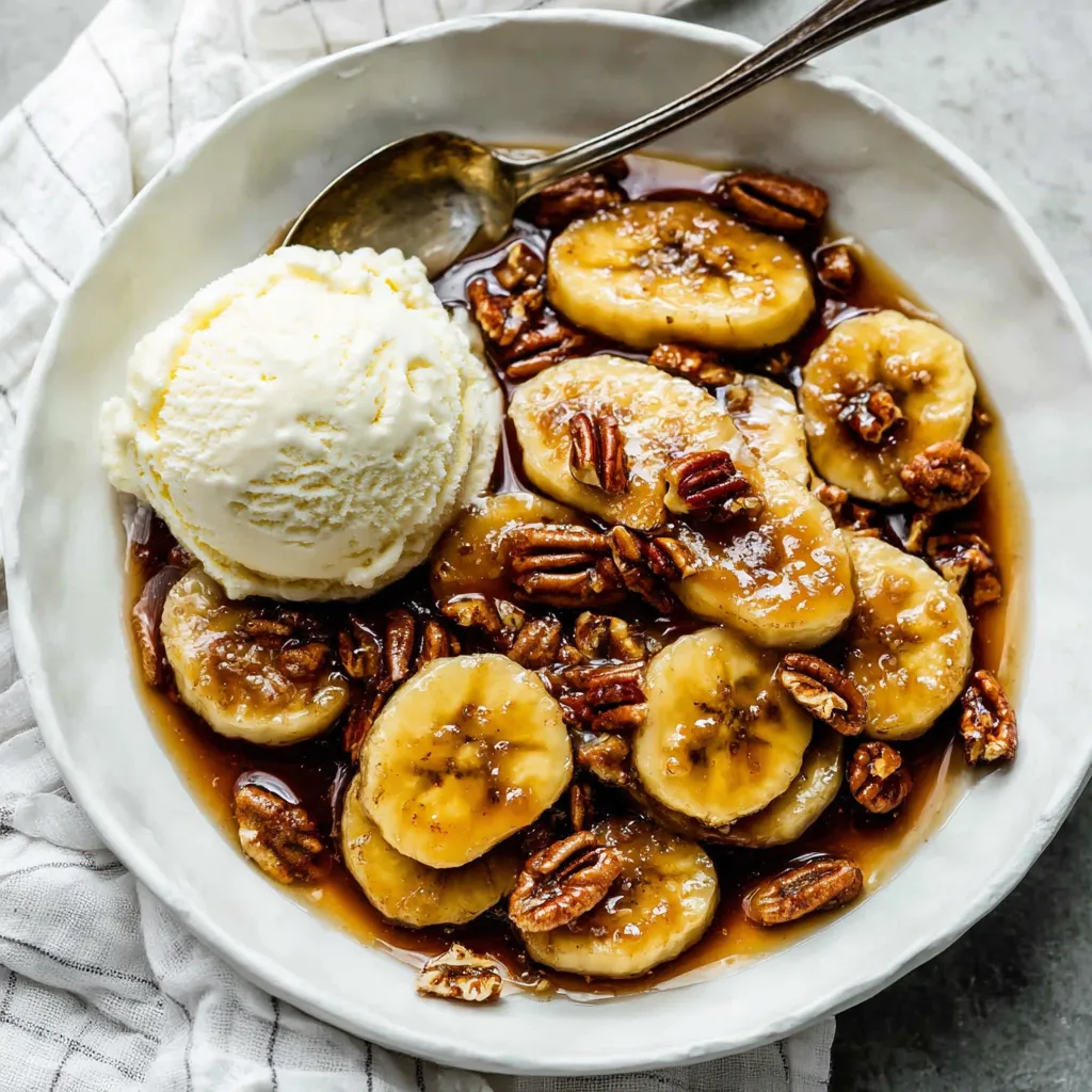 Ein weißer Teller mit Bananen, Walnuss und Eis.
