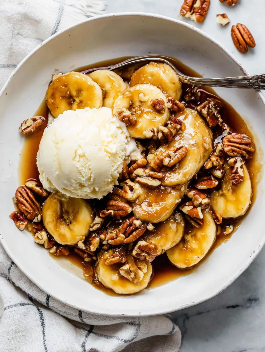 Ein weißer Teller mit Bananen, Walnuss und Eis.