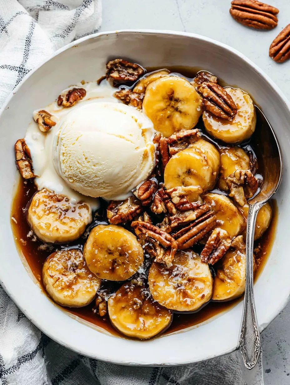 Ein weißer Teller mit Bananen, Walnuss und Eis.