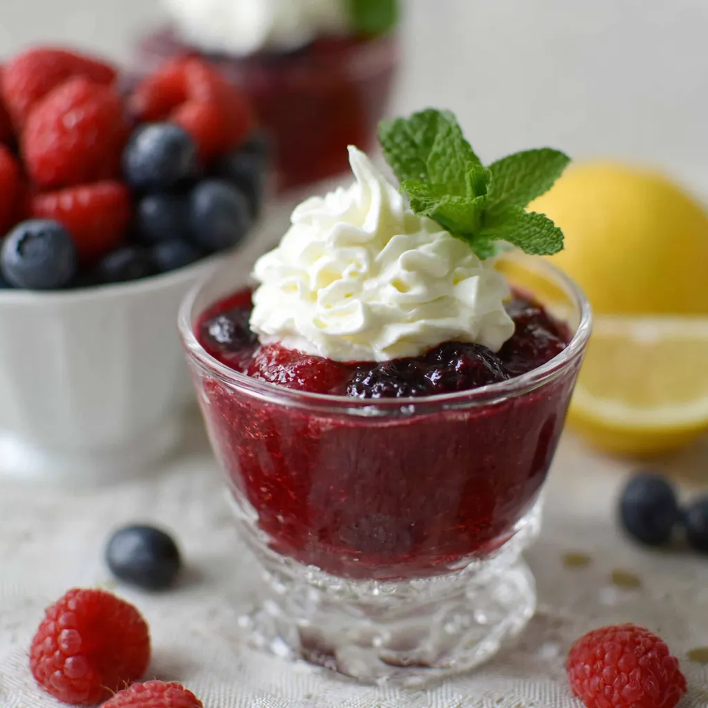 Ein Glas mit Raspberry-Jelly und Whipped Cream.