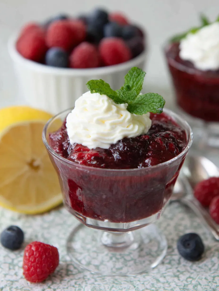 Eine Schüssel mit Raspberry-Jelly und Whipped Cream.